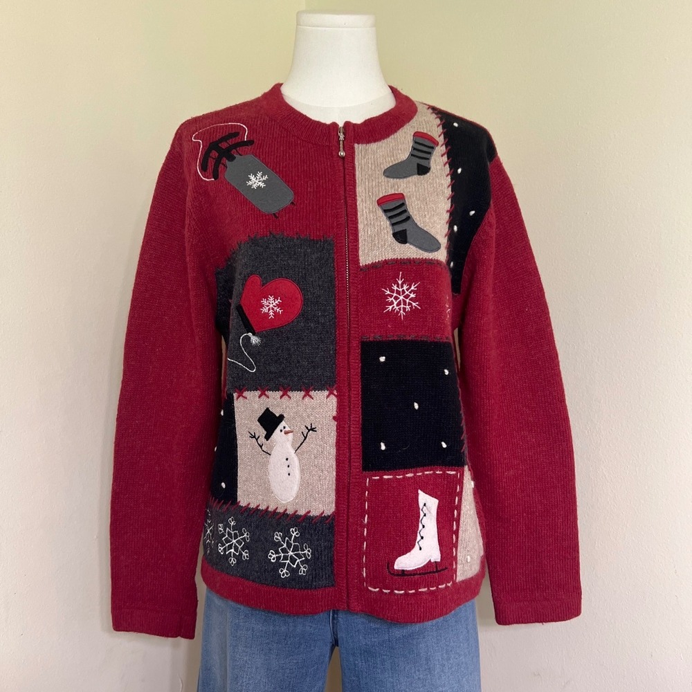 Croft & Barrow Red Winter Patchwork Zip Cardigan Snowman Mittens Angora Blend S